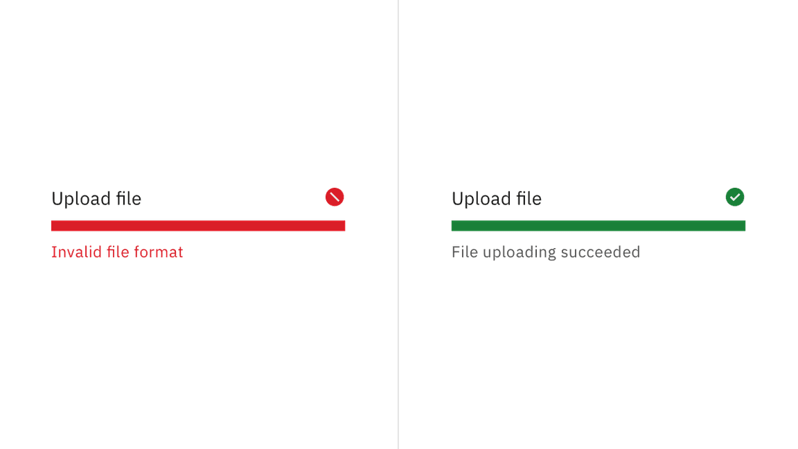 Two progress bars respectively in error and successful, show the help text "Invalid file format" and "File uploading succeeded"